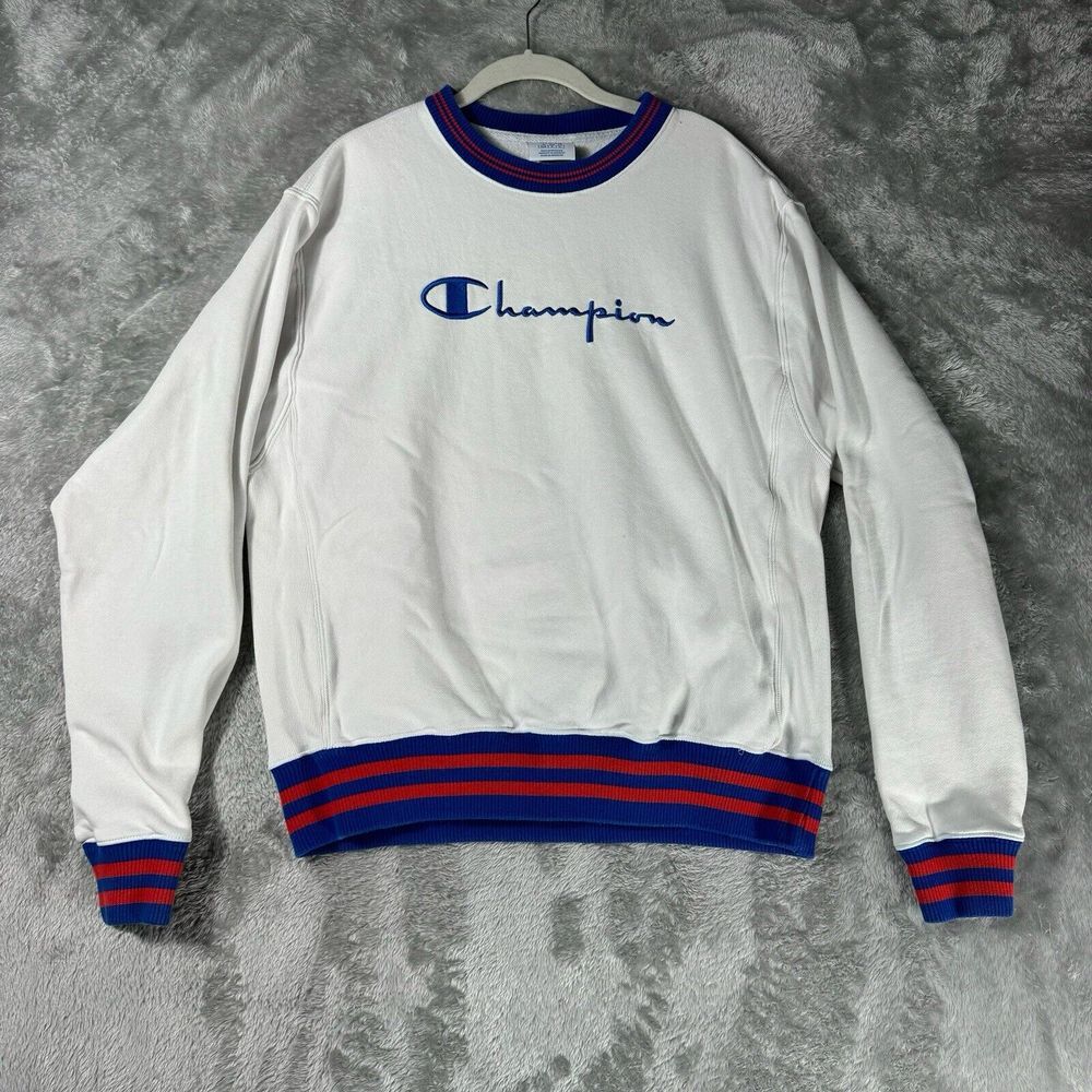 Champion Reverse Weave White Red Blue Spell Out VTG Sweatshirt Sz M